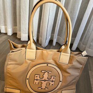 Tory Burch Ella Nylon & Tan Patent Leather Large Tote Shoulder Bag